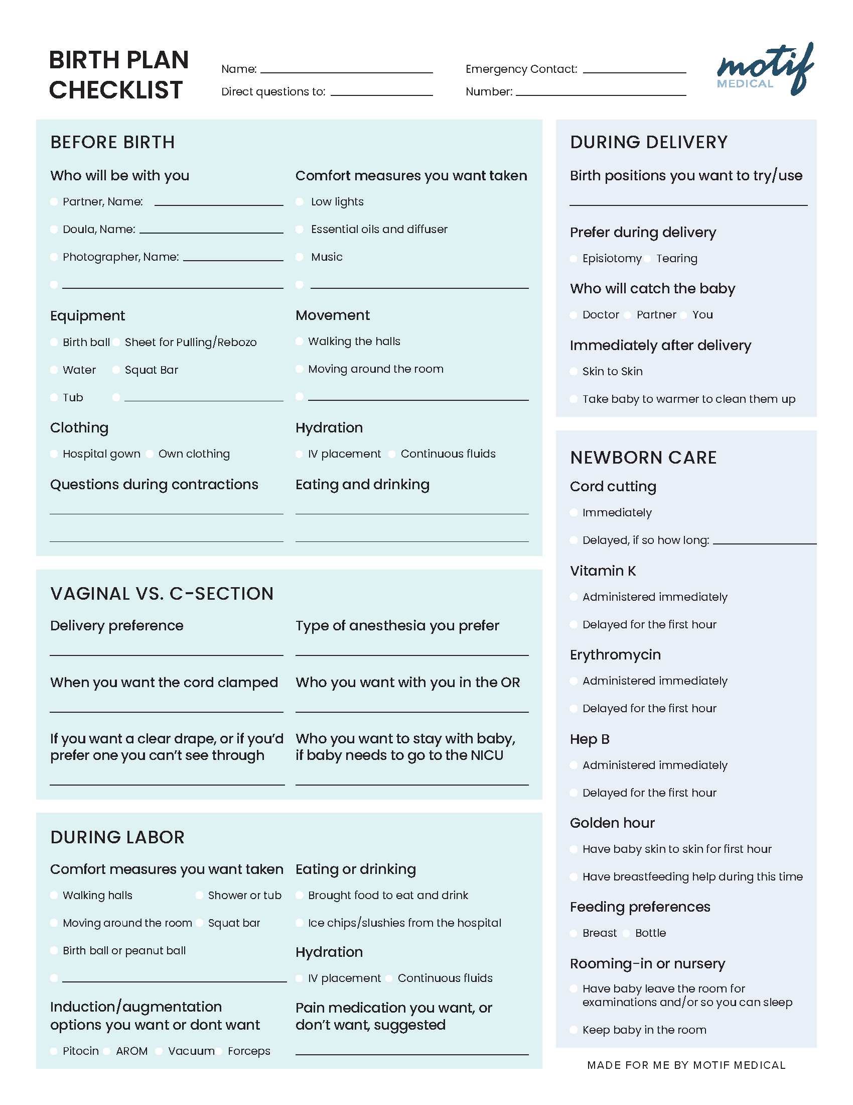 Motif Medical's free printable birth plan template PDF and checklist